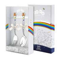 Серебряный детский тактильный набор «Медвежонок» с оранжевой эмалью ложка и вилка