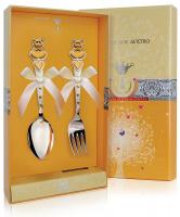 Серебряный набор детский «Мишка с сердечками» с позолотой вилка и ложка