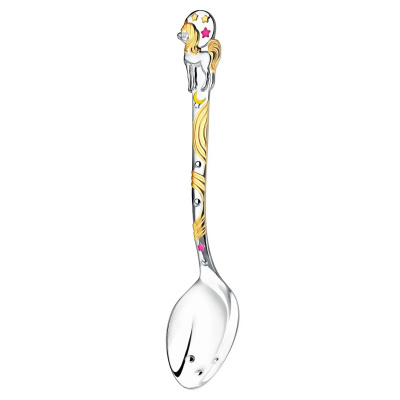 Детская серебряная ложка DODO «Единорог» с розовой эмалью и позолотой