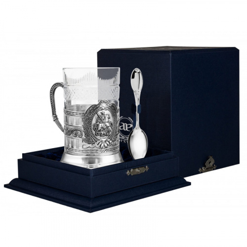 Серебряный подстаканник «Георгий победоносец» с ложкой в футляре Серебряный подстаканник «Георгий победоносец» с ложкой в футляре