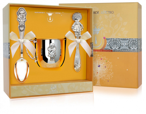 Серебряный набор «Девочка» кружка, ложка и погремушка