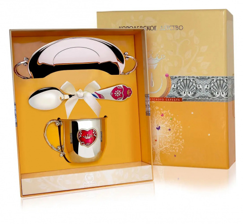 Серебряный набор «Сердце» блюдце, ложка, кружка