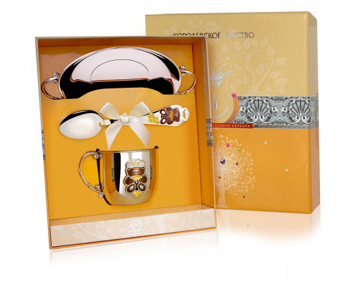 Набор из серебра «Мишка» блюдце, кружка, ложка