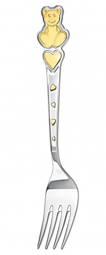 Серебряная вилка для ребенка «Мишка с сердечками» с позолотой