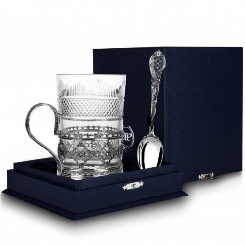 Серебряный подстаканник «Ажур» литой с чернением с ложкой