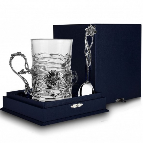 Подстаканник из серебра «Настурция» литой с чернением с ложкой