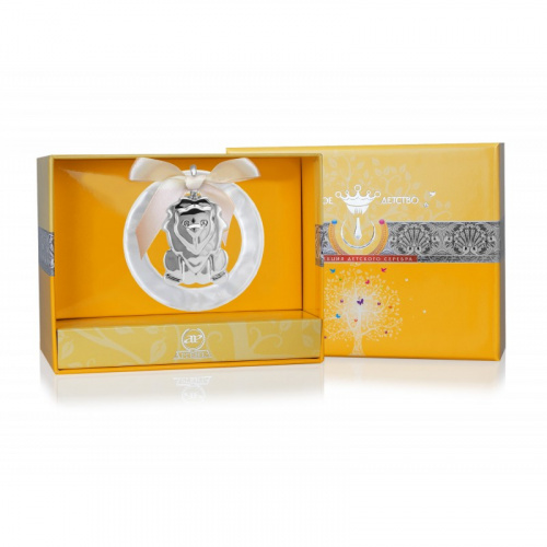 Детская серебряная погремушка «Лев на кольце»