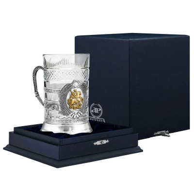 Серебряный подстаканник «Георгий победоносец» с ложкой в футляре