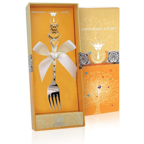 Серебряная вилка для ребенка «Мишка с сердечками» с позолотой