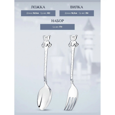 Набор десертный «Медведь» : вилка и ложка из серебра