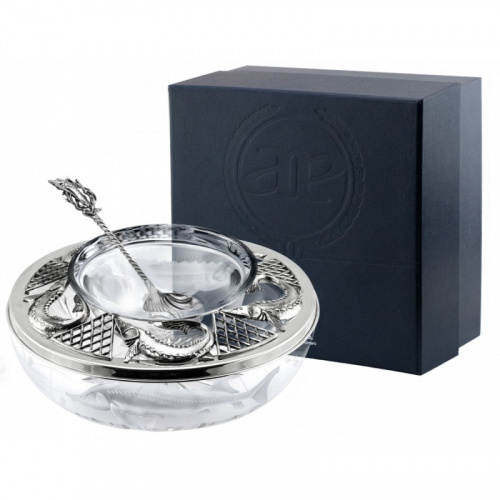 Серебряная икорница «Осетр» с ложкой в футляре