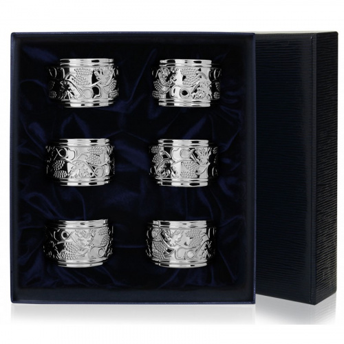 Серебряный набор из 6 колец для салфеток «Виноград»