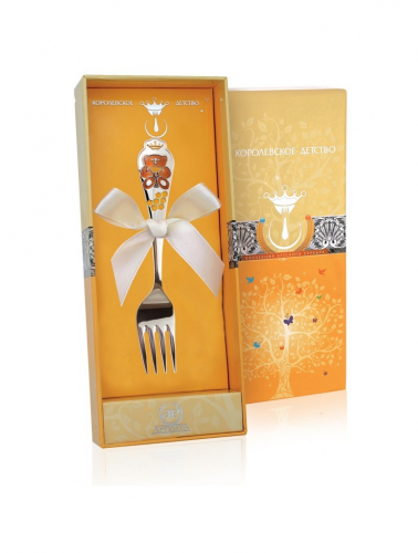 Серебряная вилка для ребенка «Мишка» с позолотой и эмалью