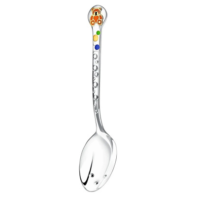 Серебряный детский тактильный набор «Медвежонок» с оранжевой эмалью ложка и вилка