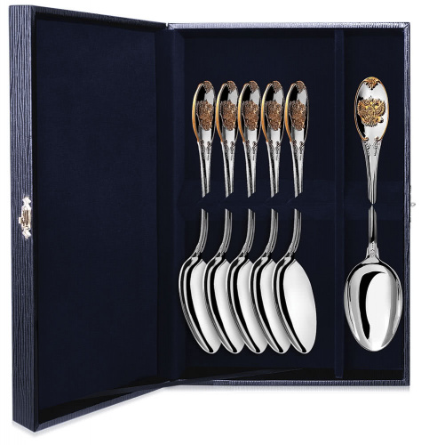 Серебряный набор «Единство» 6 чайных ложек с позолотой