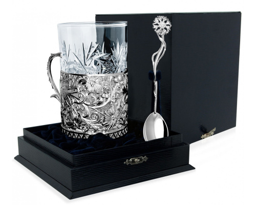 Подстаканник из серебра «Подарочный» литой с ложкой