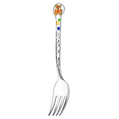 Серебряный детский тактильный набор «Медвежонок» с оранжевой эмалью ложка и вилка