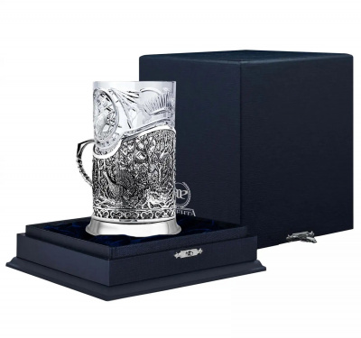 Серебряный подстаканник «Глухариная охота» литой с чернением